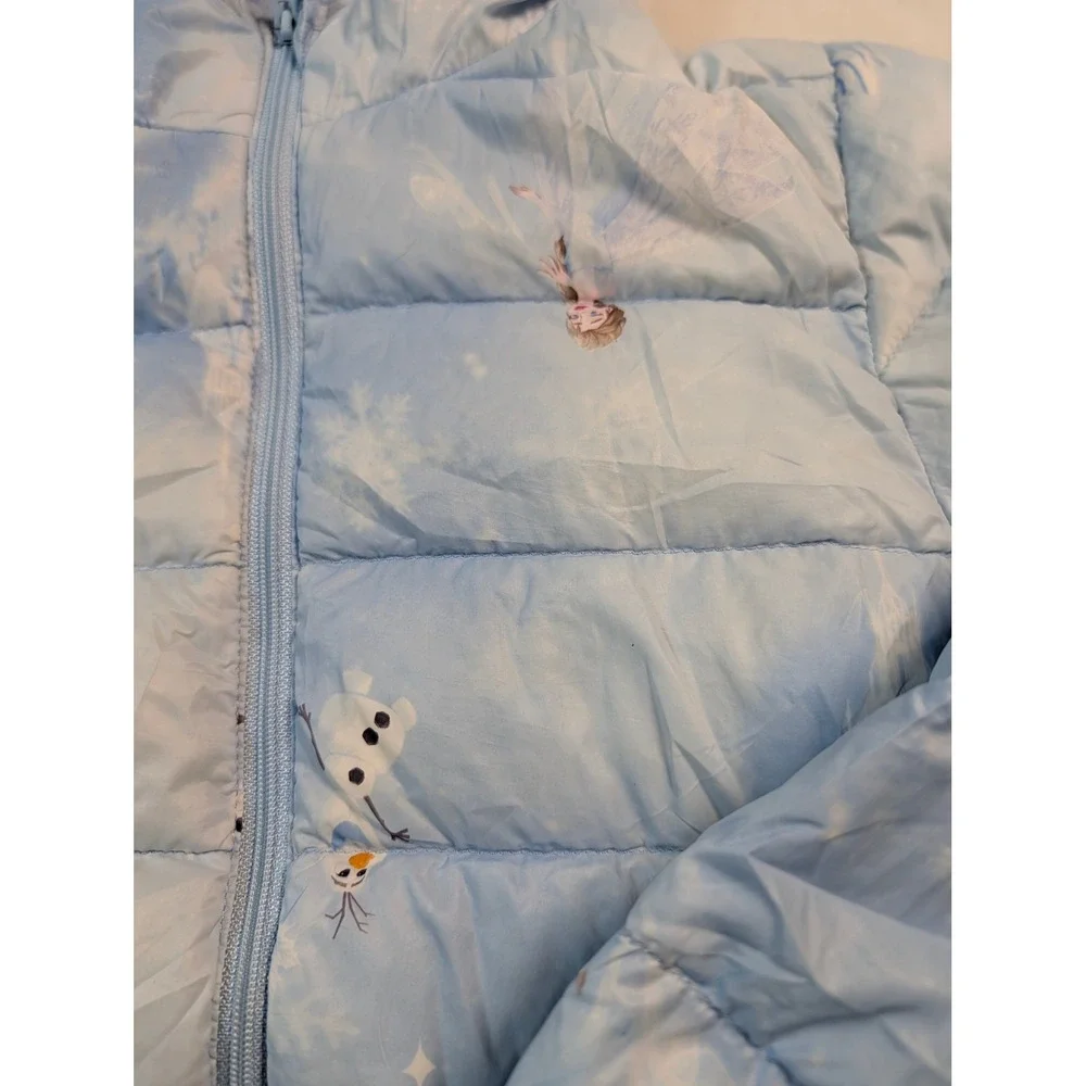 Disney Frozen Elsa Olaf Puffer Jacket Light Blue Hooded Kids Size 130/64 7-8